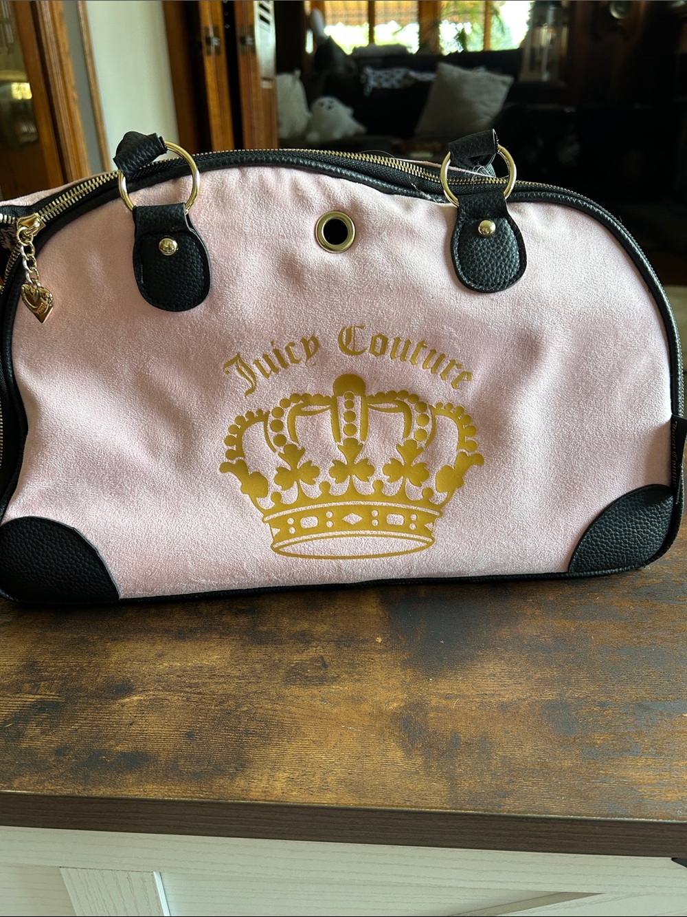 Juicy Couture Pink and Black Crown Logo pet carrier
